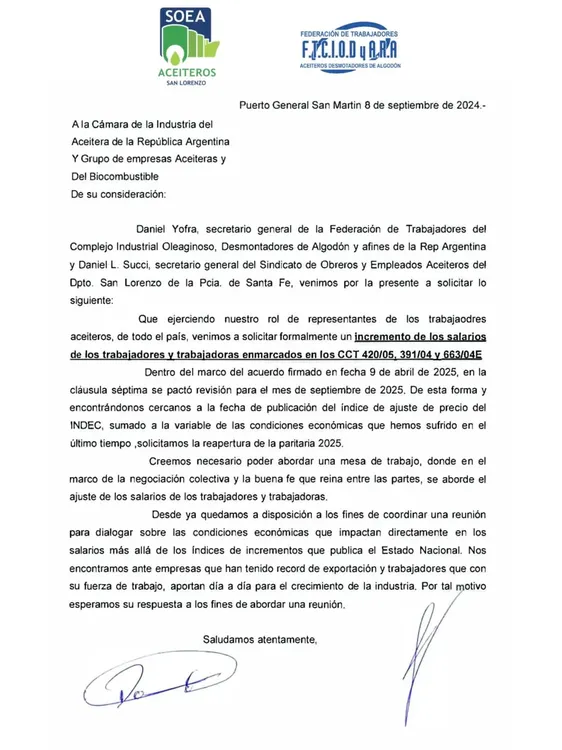 📢 Reapertura de paritarias aceiterasLos secretarios generales Daniel Succi (SOEA San Lorenzo) y